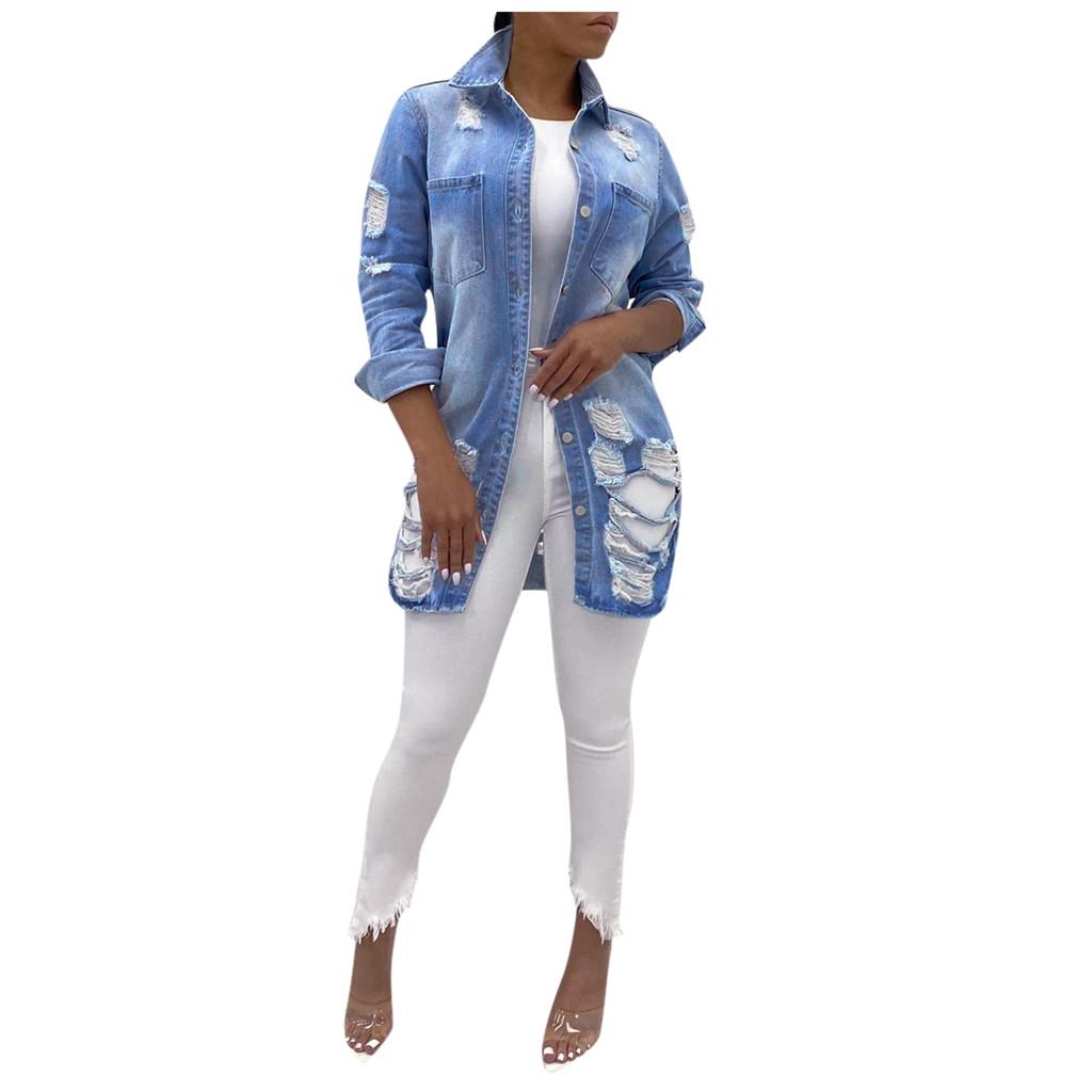 Women Casual Fashion Denim Jacket Long Jean Denim Jacket with Holes Showing Thin