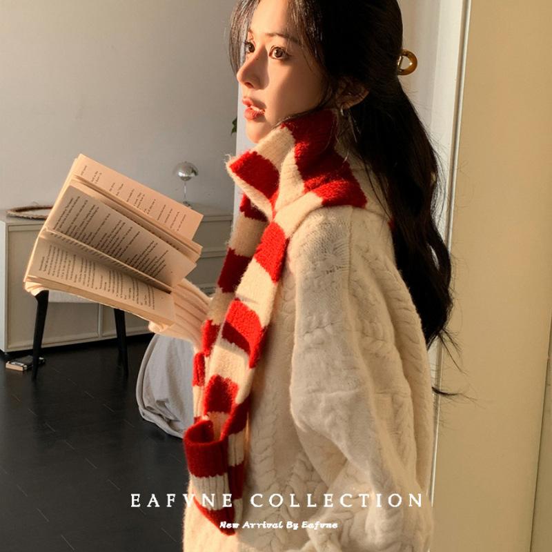 Black and White Striped Plush Small Scarf for Women Autumn and Winter Korean Style  Versatile Thickened  Warm and Cold Proof Narrow Scarf