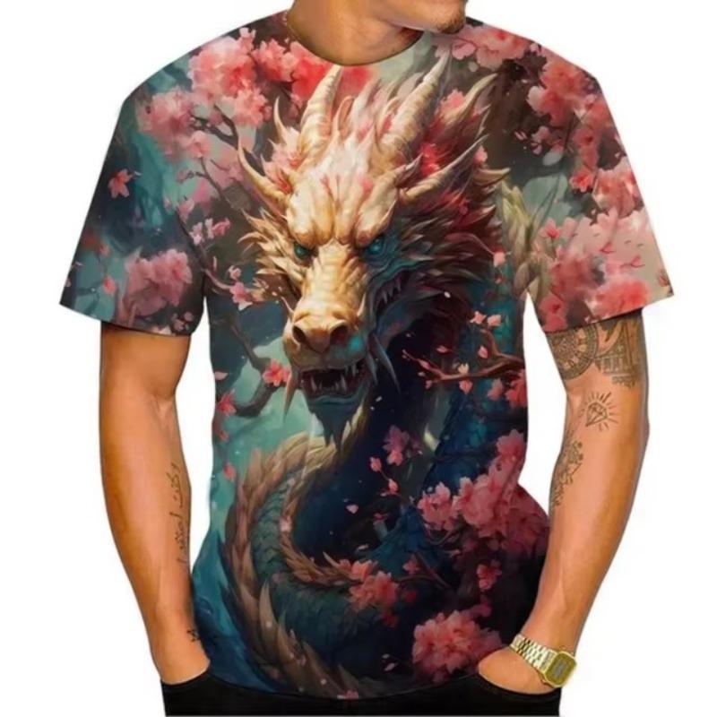 Dragon Floral 3D Print T-Shirts Men Fashion O-Neck Short Sleeve T Shirt Oversized Harajuku Y2k Tops Tees Men Clothing