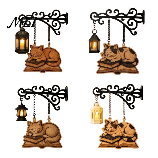 Gift for Readers And Cat Fans Vintage Bookshelf Light with Sleeping on Book Design, Retro Lantern Bookworm Office Accessory Lamp Reading, Decorative
