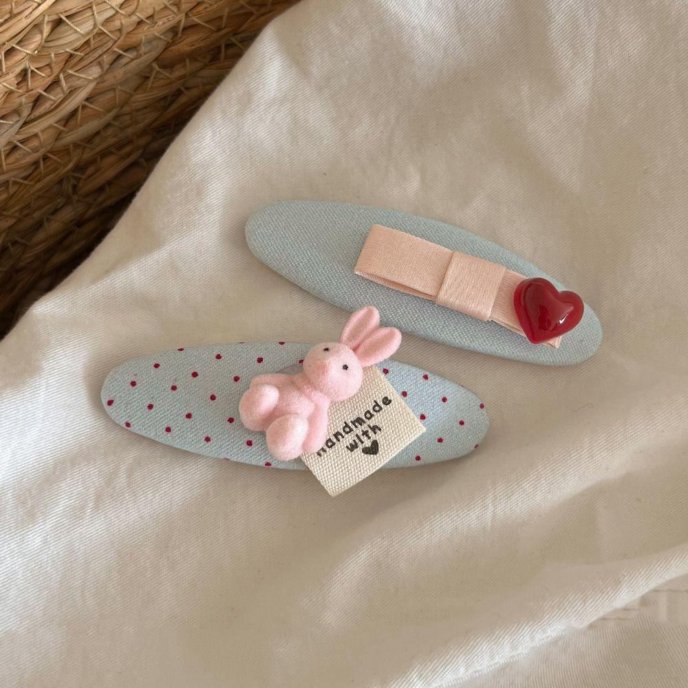 2PCS Set Heart Decor Fabric Barrette Pink Rabbit Decor Side Bangs Clip For Girls Woman