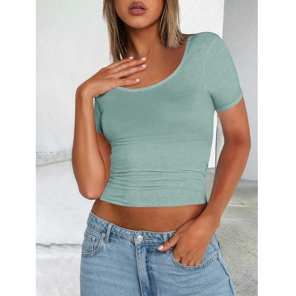 Женский летний короткий топ-футболка с круглым вырезом и короткими рукавами, облегающие футболки, повседневные кроп-топы