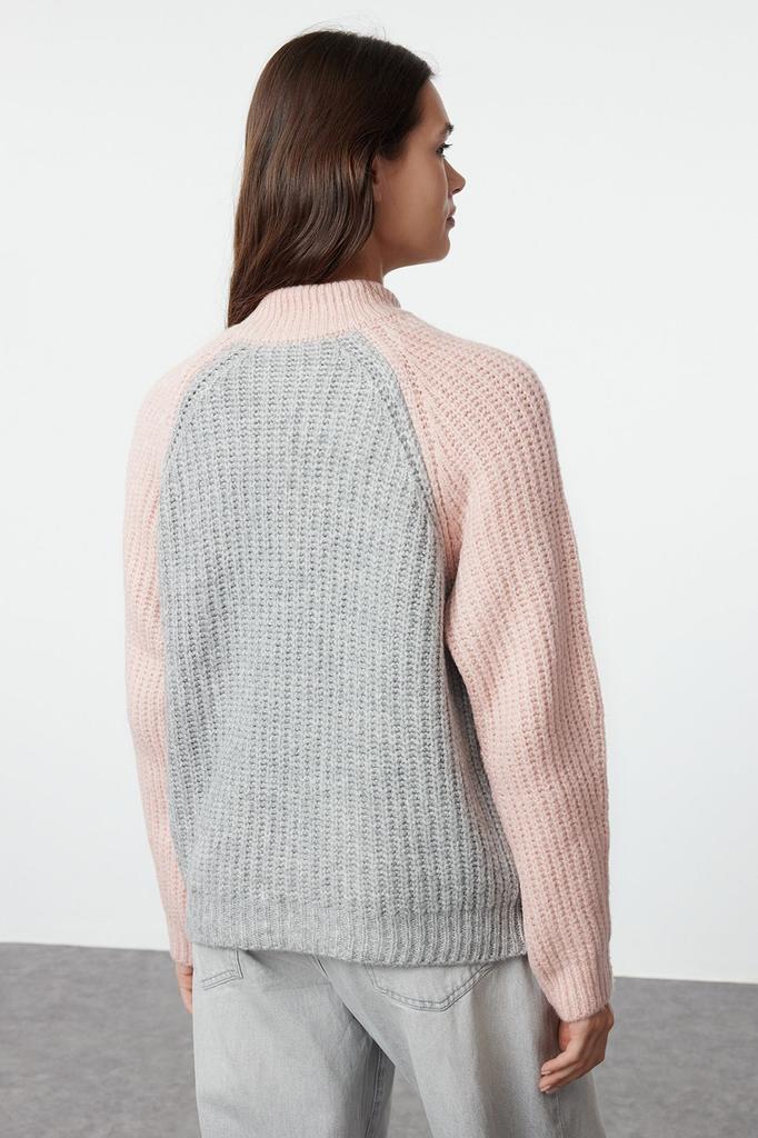 Women's Fashion Stylish Sweater Black Color Block Zippered Knitwear Sweater