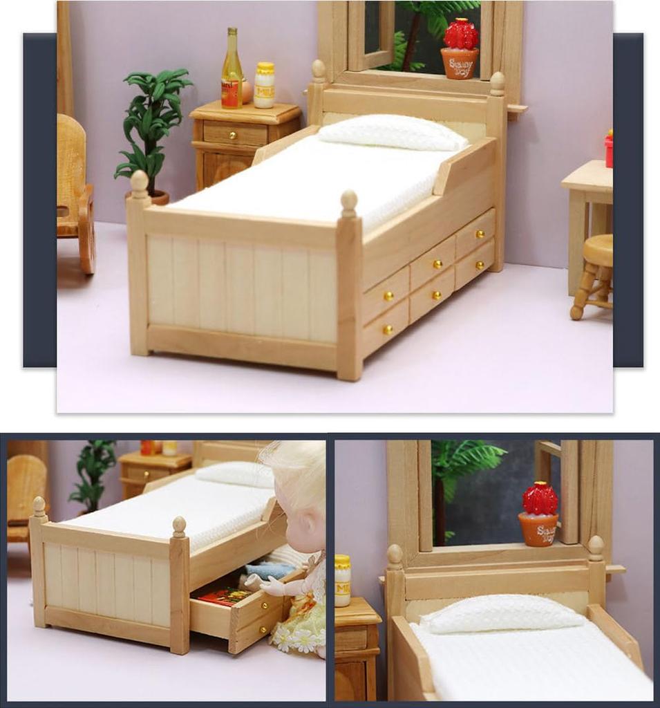 Мойн мойн Миниатюрная мебель Кукольный домик Ящик для хранения Подвижная кровать Подушка Простой Деревянный Натуральный коричневый Белый 2311mini37 1/12 112 (Футон и