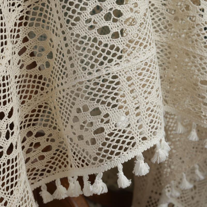 Round Hollow Tassel Knitting Tablecloth Decorative Crochet Tablecloth Outdoor Picnic Dining Table Cover Home Decor Beige