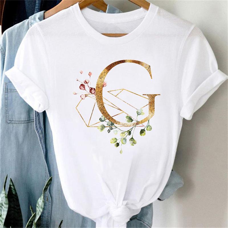 Custom Name Letter Combination Women T Shirt Floral Gold Letter Font A B C D Print Short Sleeve Tee Tops Female T-shirt Clothes