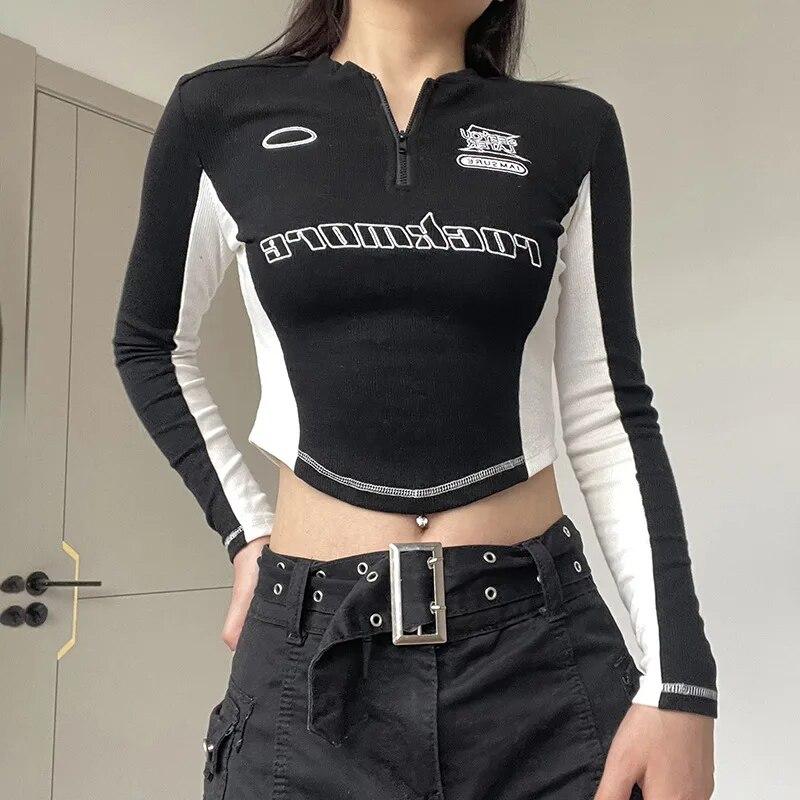 Casual Y2K Zip Up T Shirt Women Stand Collar Long Sleeve Crop Tops Slim Graphic T-shirts Female 90s Vintage Clothes Base Tees