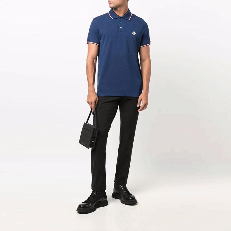 Moncler SS22 Logo Appliqué Striped Trim Short Sleeve Polo Shirt Men Polo Shirts Blue G20918A0001084556796