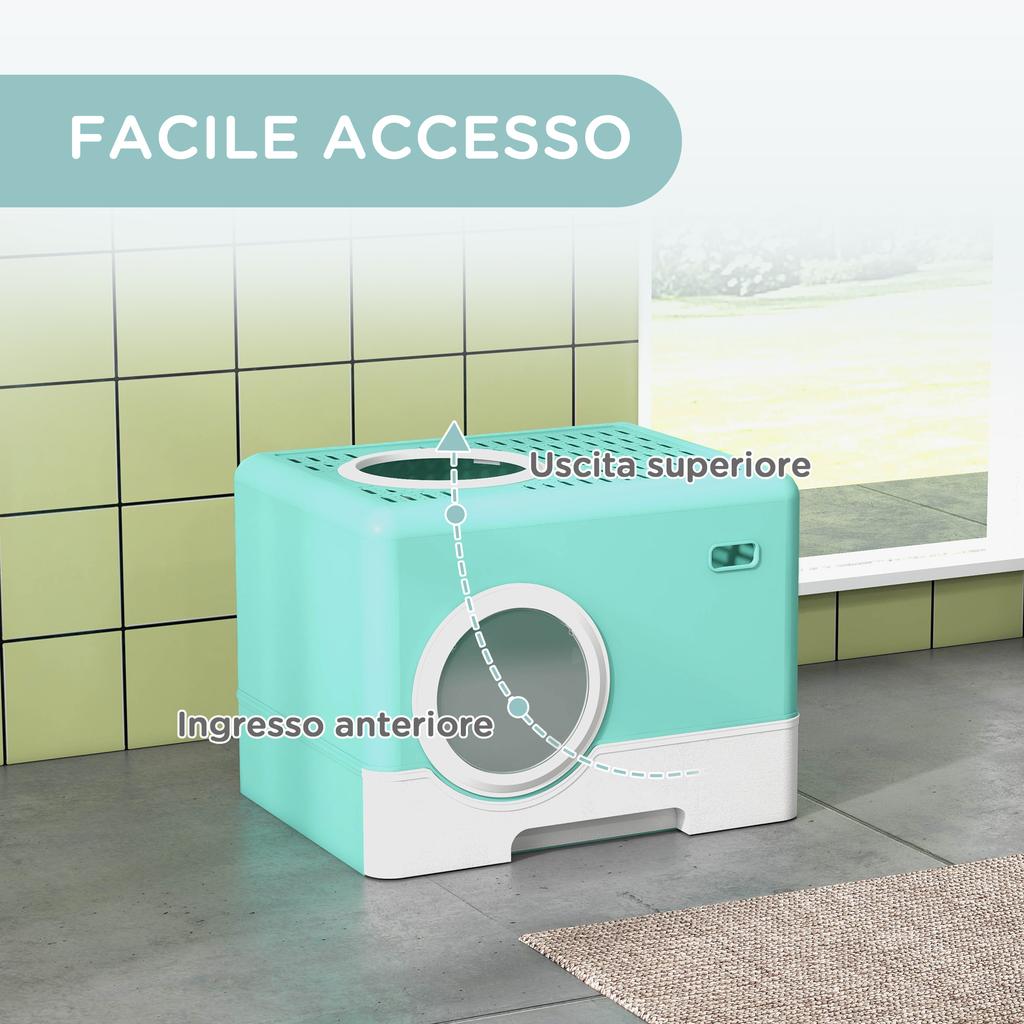 Cat Litter Box with Lid and Scoop. Double Entrance and Removable Tray. 52x41x38.5cm. Green