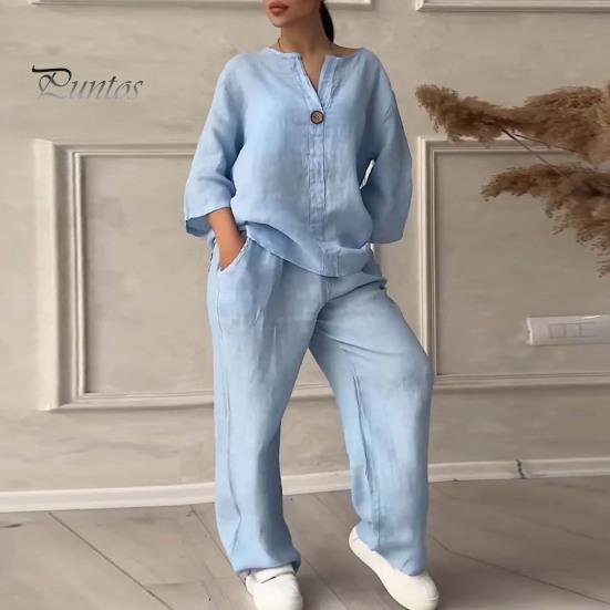 2 Pcs/Set Blouse Pants Set V Neck Long Sleeves Button Decor Top Wide Leg Loose Drawstring Elastic Waist Trousers OL Commute Casual Homewear Outfit