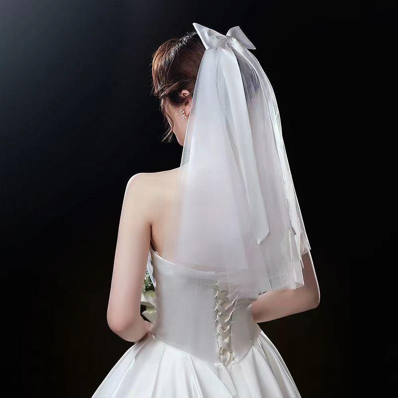 Свадебная фата невесты, двухслойная, короткая, прозрачная фата с милым бантом, аксессуары для волос для невесты, обрезанный край, прямая поставка