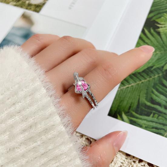Women Ring Double Layer Adjustable Open Design Eye-catching All-match Jewelry Gift Pink Faux Crystal