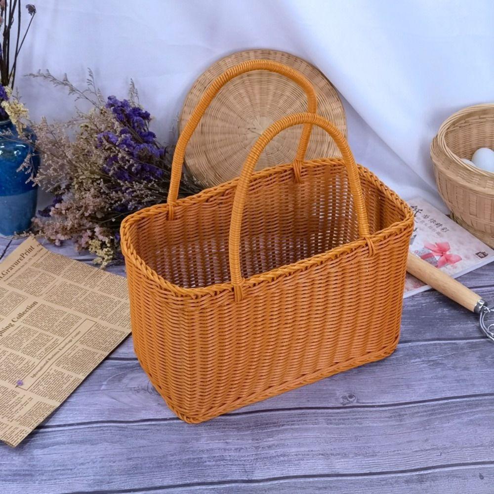 With Handle Picnic Basket Rattan Flower Basket Decorative Woven Basket  Fruit