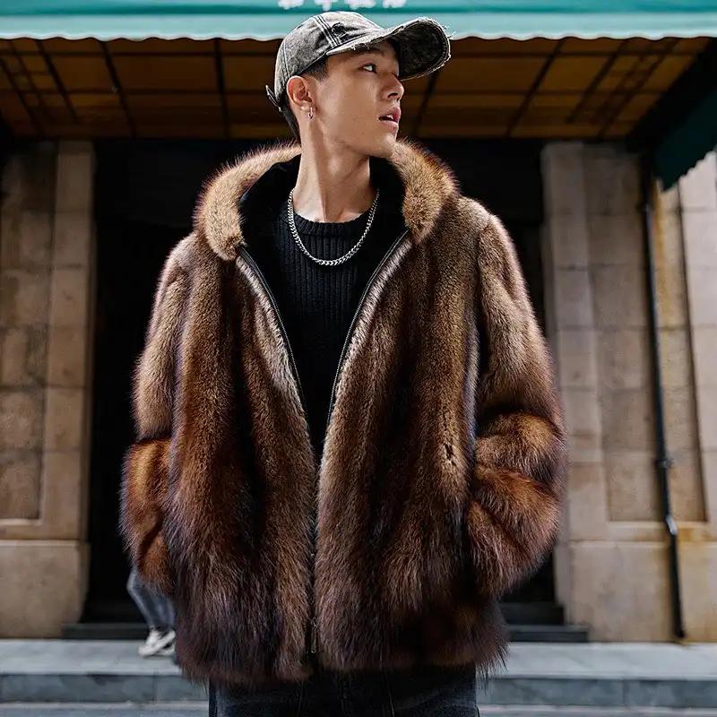 Мужская короткая коричневая шуба из искусственного меха на молнии с воротником-стойкой Теплая зимняя куртка Повседневная уличная одежда