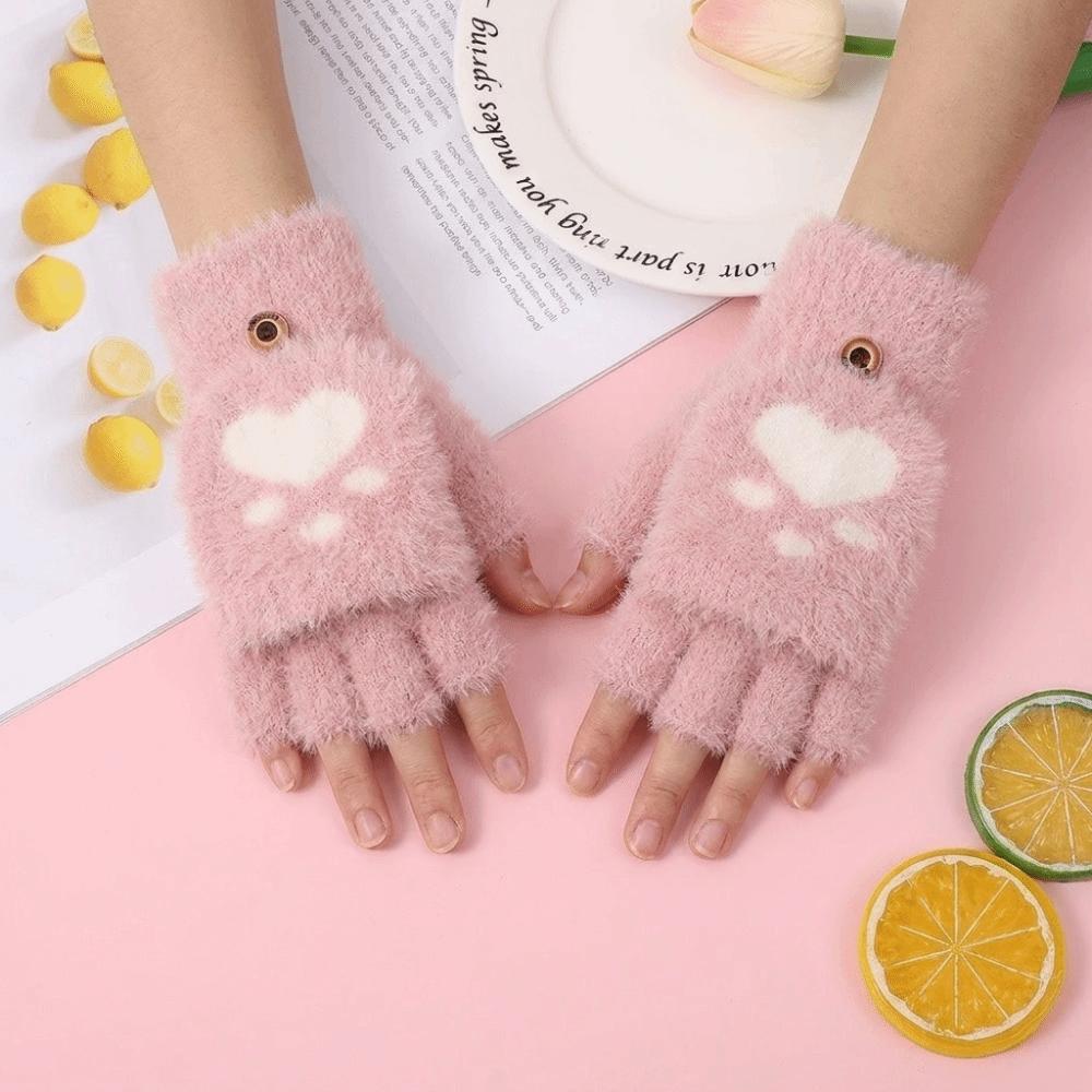 Soft Cat Paw Gloves Thicken Warm Plush Mittens Cartoon Style Half Finger Gloves Adults