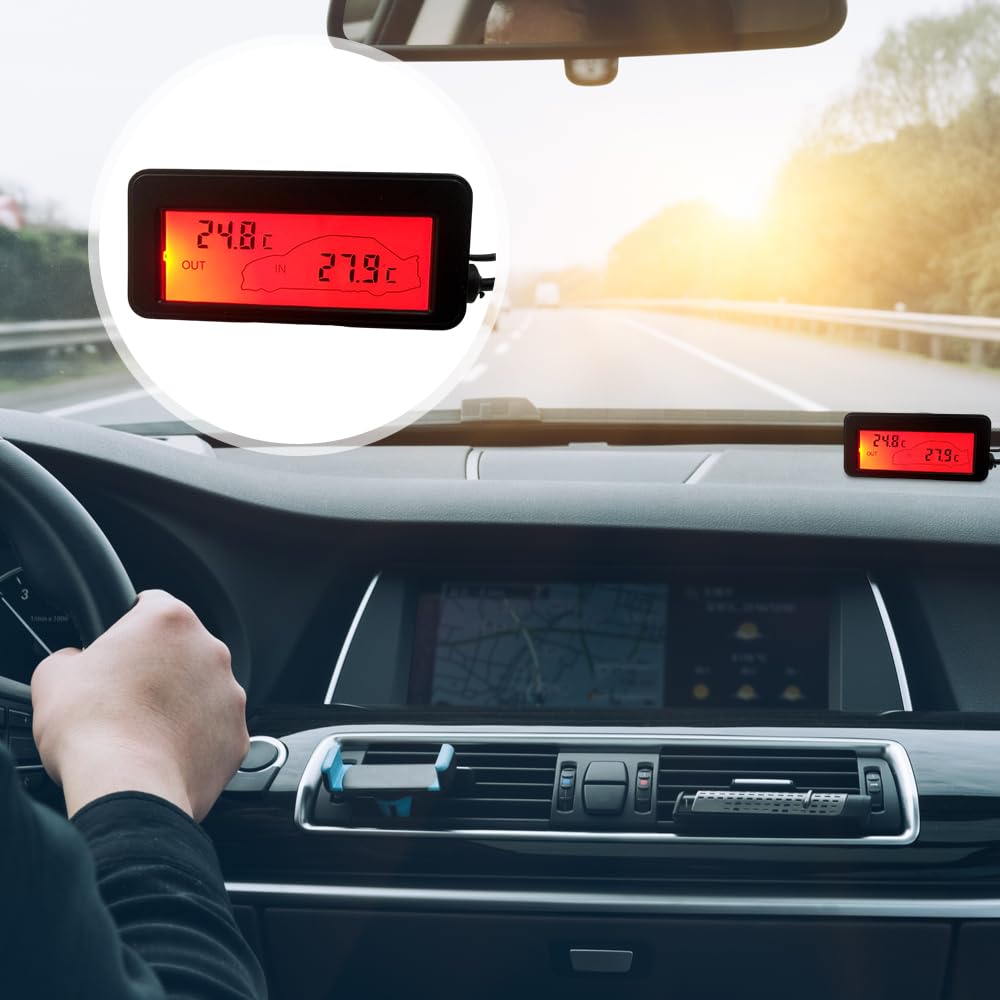 Mini LCD Car Indoor and Outside Dual Thermometer Red Backlight Compact and Simple 12V Digital Thermometer (Red Light)