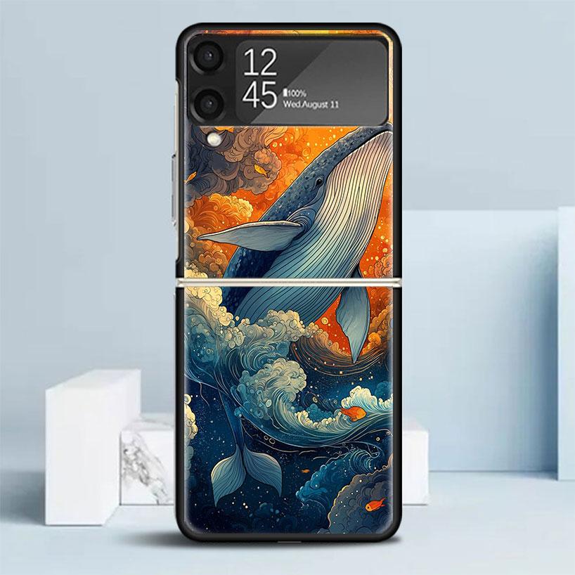 Горбатый кит Морской гигант Черная крышка для Samsung Galaxy Z Flip 7 6 5 4 3 5G Чехол для телефона Flip7 Flip6 Flip5 Flip4 Flip3 Узор Cas