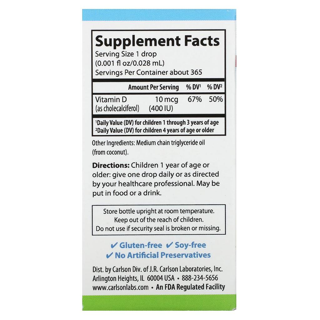 Carlson, Kids' Super Daily® D3, 10 mcg (400 IU), 0.35 fl oz (10.3 ml)