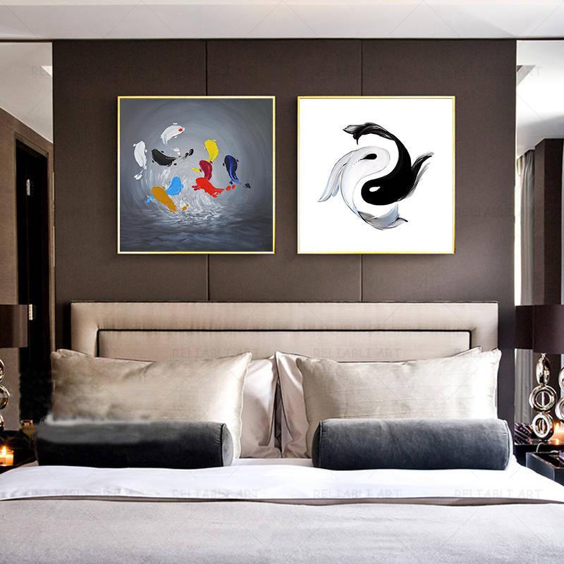 Китайский японский стиль, рыба, дзен, черно-белая рыба, кои, картина маслом, печатные холсты, постеры для декора гостиной, Cuadros