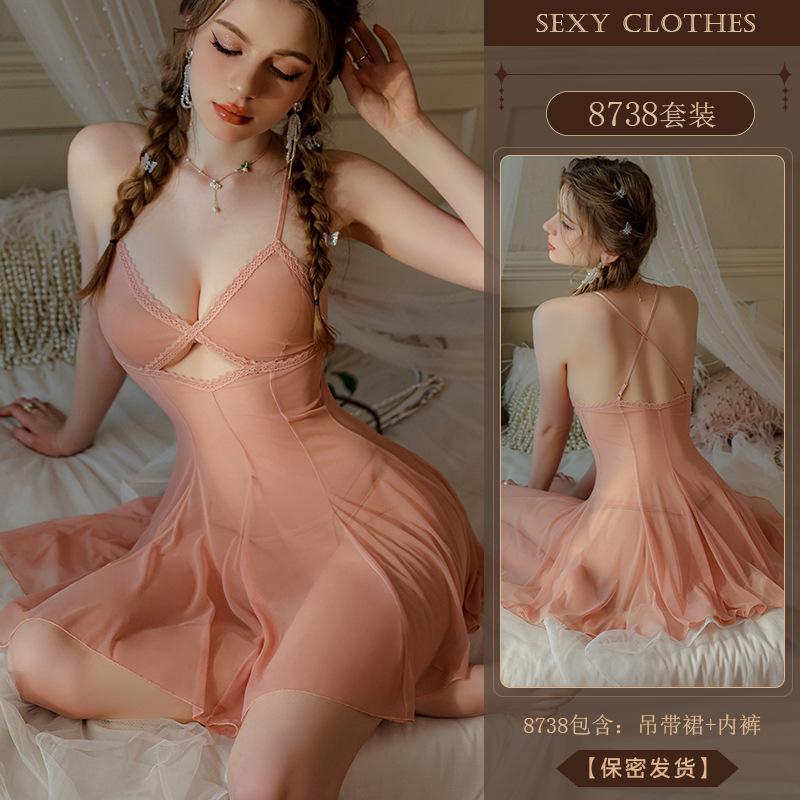 Erotic Underwear, sexy halter lace Seductive nightdress, Hot Cut-out mesh fabric see-through uniform pajamas 8738