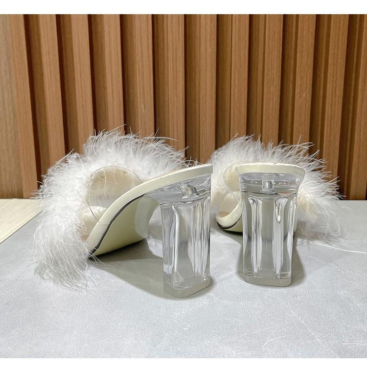 Women Clear Heels Sandals Fluffy Slippers Furry Slides for Women
