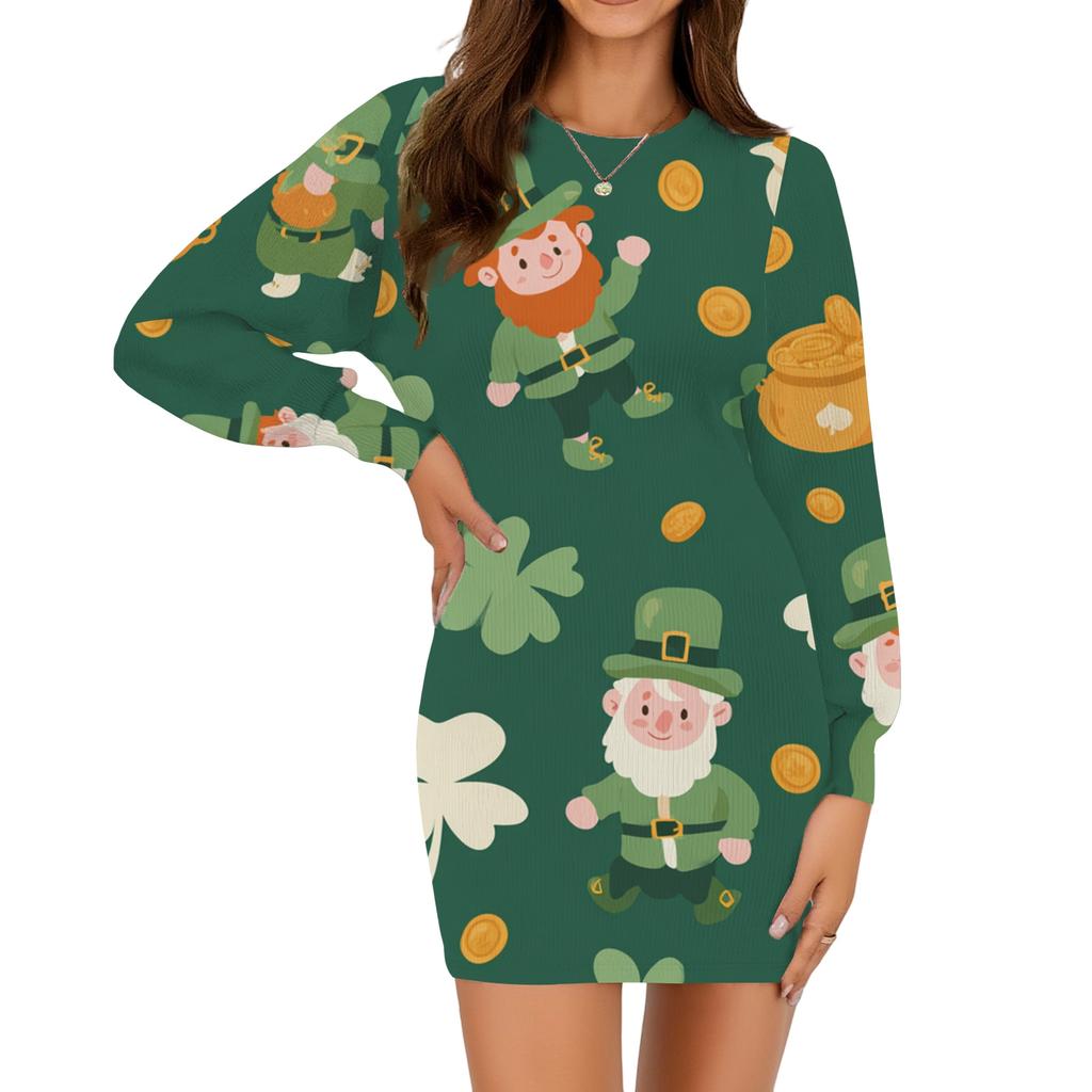 Женское модное повседневное платье с круглым вырезом и длинным рукавом, с принтом ко Дню Святого Патрика