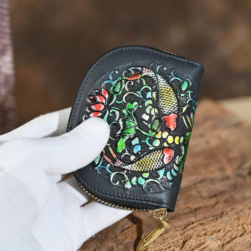 Vintage Design Embossing Card Holder Genuine Leather Zipper Coin Purse for Women Ladies Money Bags GZW