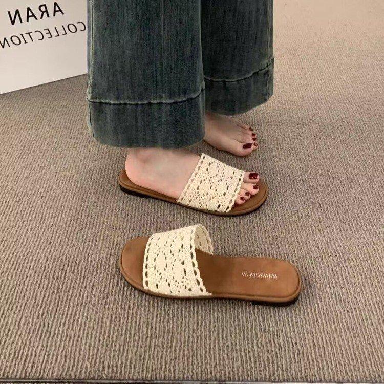 Vintage Casual Flat-bottomed Woven One-word with Open-toed Slippers for Women's Summer Wear Bohemian Seaside Vacation Beach Shoes
