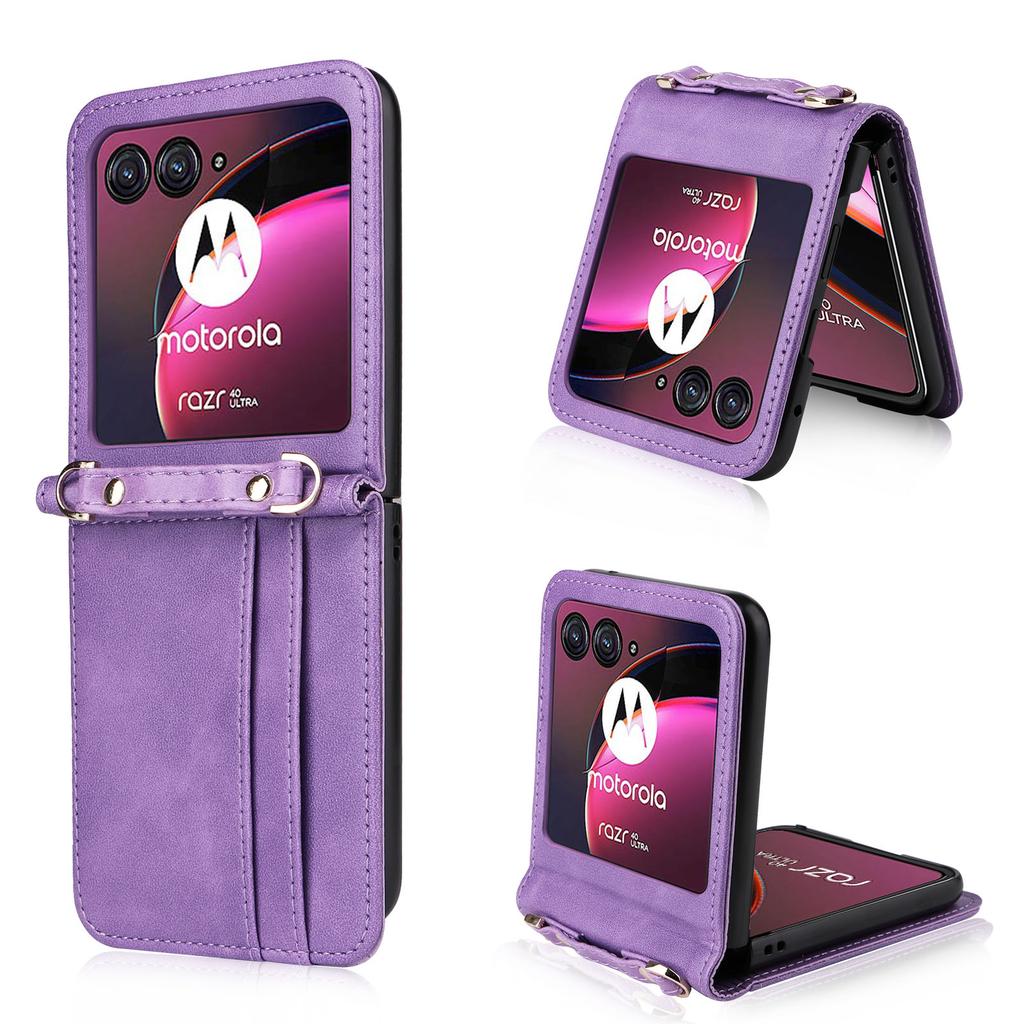 For Motorola Razr 40 Ultra 5G Hard PC+PU Leather Cover One-piece Design Card Slots Phone Case with Lanyard