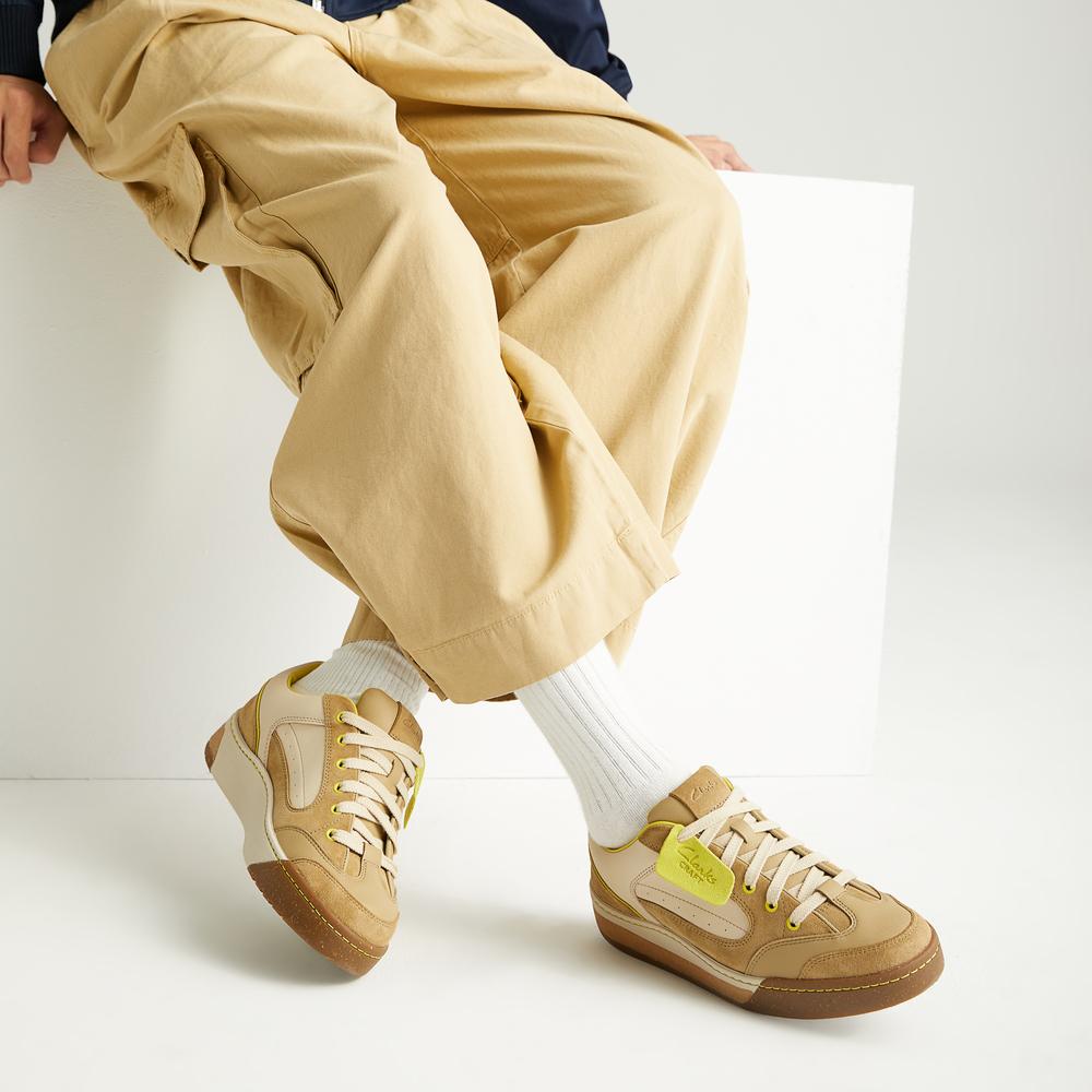 Clarks Двухслойная Коровья кожа Ретро Удобные Универсальные Color-Block Износостойкие Низкие кеды Мужские кеды Коричневый Желтый 261753987