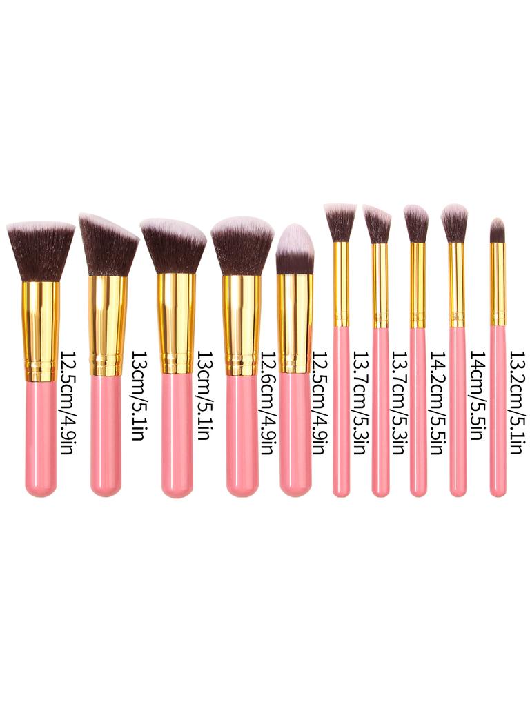 10Pcs Pink Wooden-handled Makeup Brush Set, Including Foundation Brush, Blush Brush, Eyeshadow Brush and Highlight Brush
