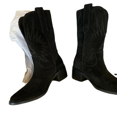 Новые ретро вышитые ковбойские сапоги в стиле вестерн женские длинные рыцарские сапоги толстый каблук, тонкий вид универсальные замшевые высокие сапоги