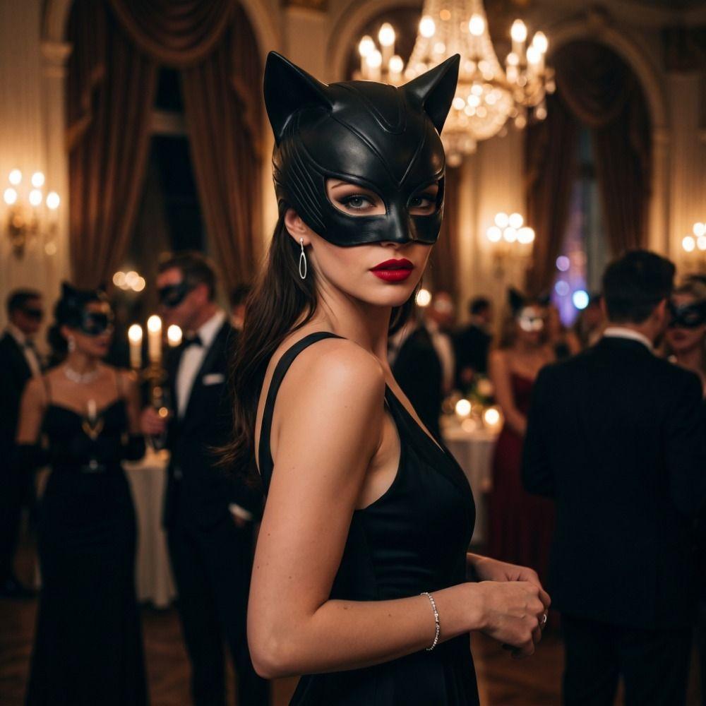 Fancy Prom Cat Women Mask BlackCosplay Half-Face Mask Cat Ear Mask Halloween Festival Party Mask
