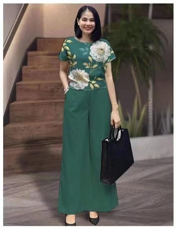 Женская летняя мода 2023 года: Однотонный свободный топ с короткими рукавами и напечатанные брюки, костюм из двух частей