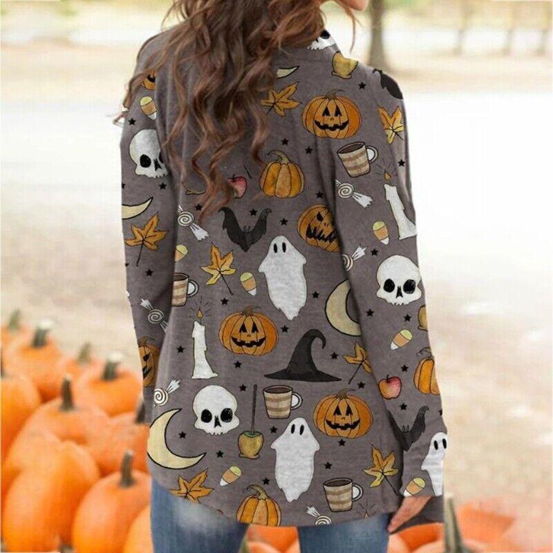 Кардиган с принтом Хэллоуина для женщин, вязаный свитер с открытой передней частью, кардиган с длинными рукавами