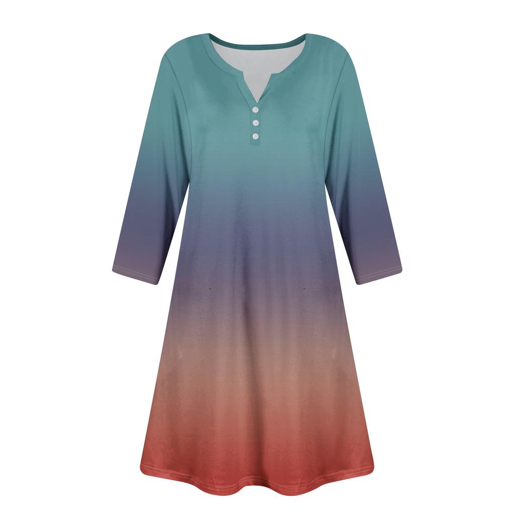 Women's Summer Dress Loose V Neck Three-quarter Sleeve Sundress With Pockets Dress