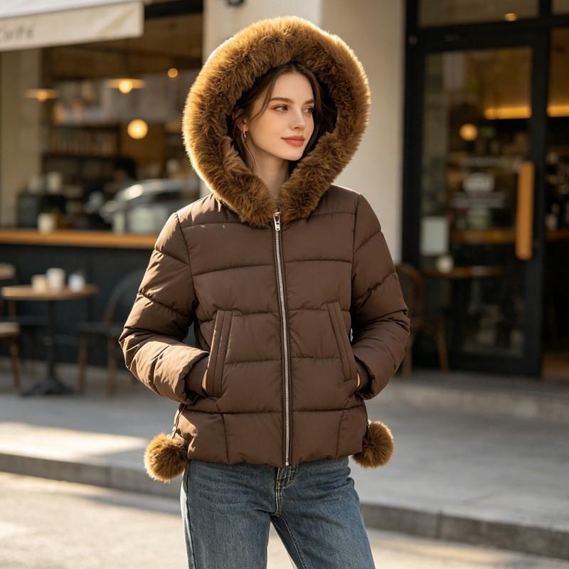 Womens Pink Hooded Cotton Puffer Coat Short Loose Warm Winter Jacket With Faux Fur Trim