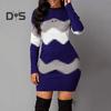 Женское осенне-зимнее платье эластичное полосатое сочетание цветов размера плюс длиной выше колена с длинным рукавом и круглым вырезом Slim Fit Lady Mini Dress
