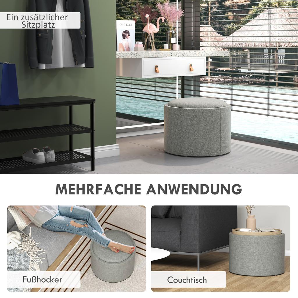 Hocker Upholstered Stool Linen Hidden Storage Reversible Lid 56 Cm X 56 Cm X 42 Cm Gray And Natural