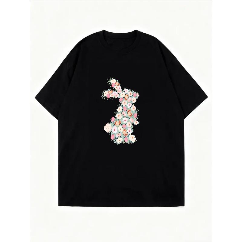 Floral Bunny T Shirt White Spring Easter Design For Women Casual Outfits