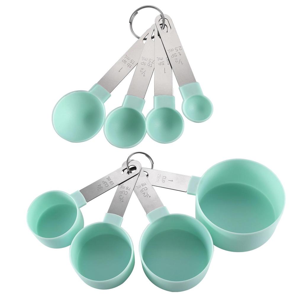 Stainless Steel Handle 8-Piece Measuring Cup & Spoon Set with Food-Grade Plastic Scaled Cups