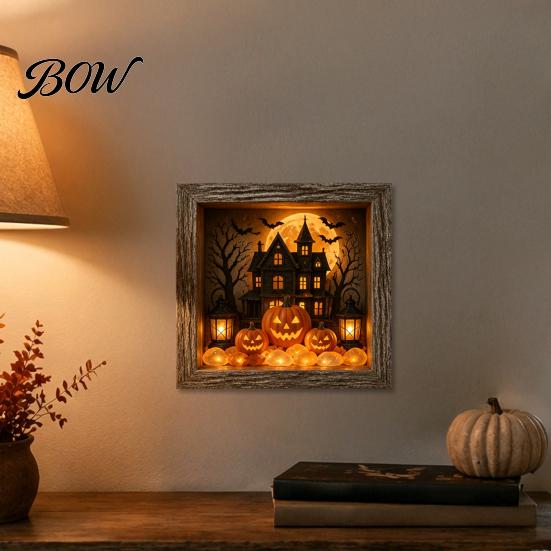 Carved Halloween Figures Lighted Frame Ornaments, Light Up Shadow Box, Warm Decorative Accents Atmosphere LED Lights for Home Living Room Bedroom