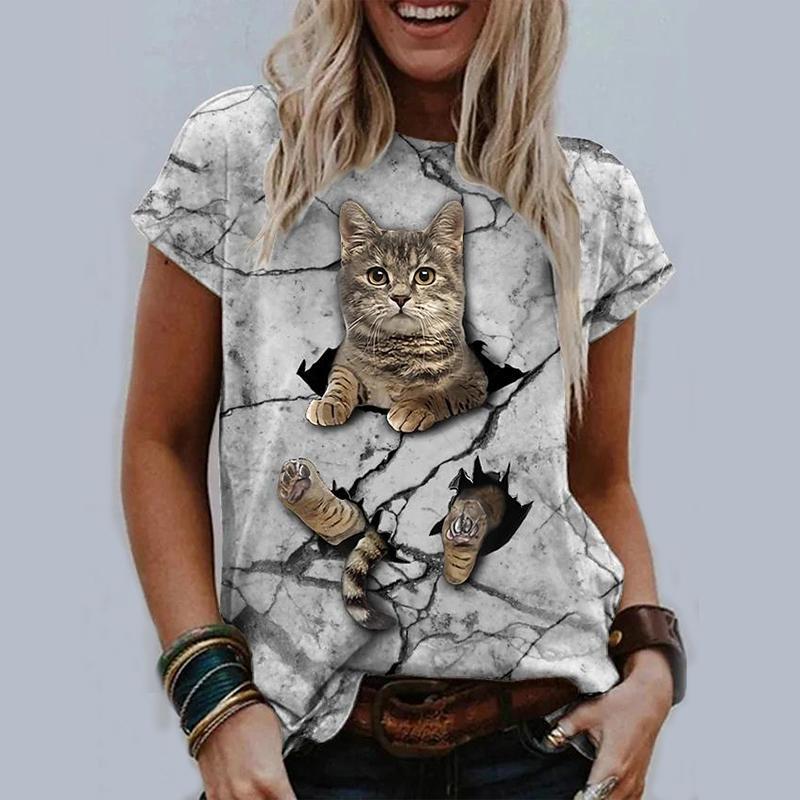 Женская летняя футболка синяя футболка с короткими рукавами и принтом Fairy Cat Cat, повседневные топы с принтом