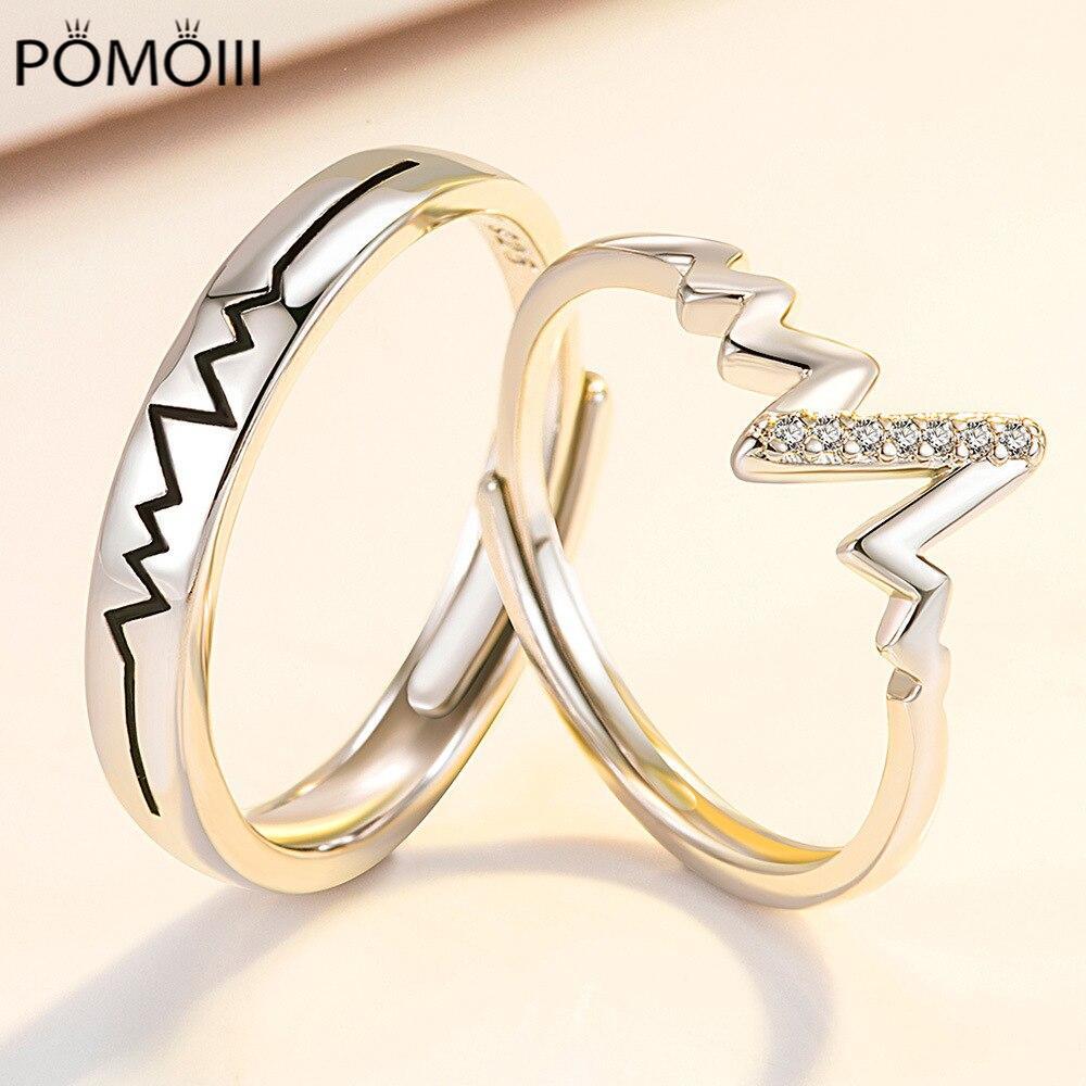 New 925 Sterling Silver Couple Ring Men Women Electrocardiogram Adjustable Pair Micro-inlaid Zircon Lovers Rings Jewelry Gift
