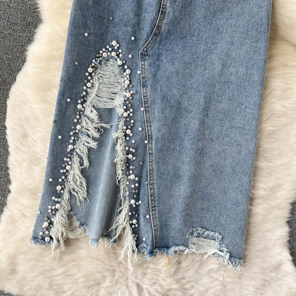 RUGOD Весна и лето 2022 с нерегулярными отверстиями, джинсовая юбка выше колена с разрезом Юбка средней длины Юбка А-образной формы с высокой талией и бедрами