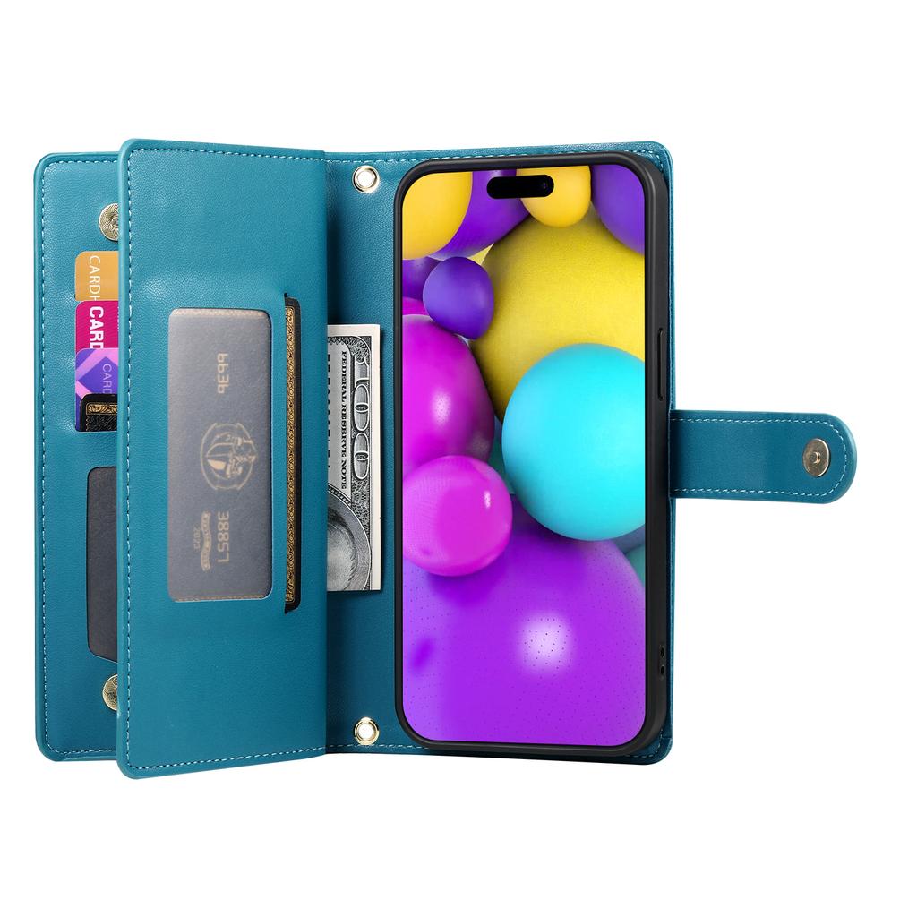 DF-011 For iPhone 16 Case Anti-Drop Leather Wallet Phone Cover with Long / Short Straps