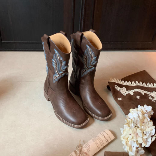 Коровья кожа~ виноградный ма такой же ретро вышитые западные ковбойские сапоги женские квадратный носок V-образный вырез сапоги толстый каблук средняя голень рыцарские сапоги