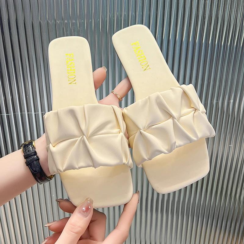 Летние уличные тапочки на плоской подошве для женщин 2024 года, новые повседневные шлепанцы с квадратным носком для отдыха, вечерние, сексуальные, элегантные, офисные, женские, новые туфли