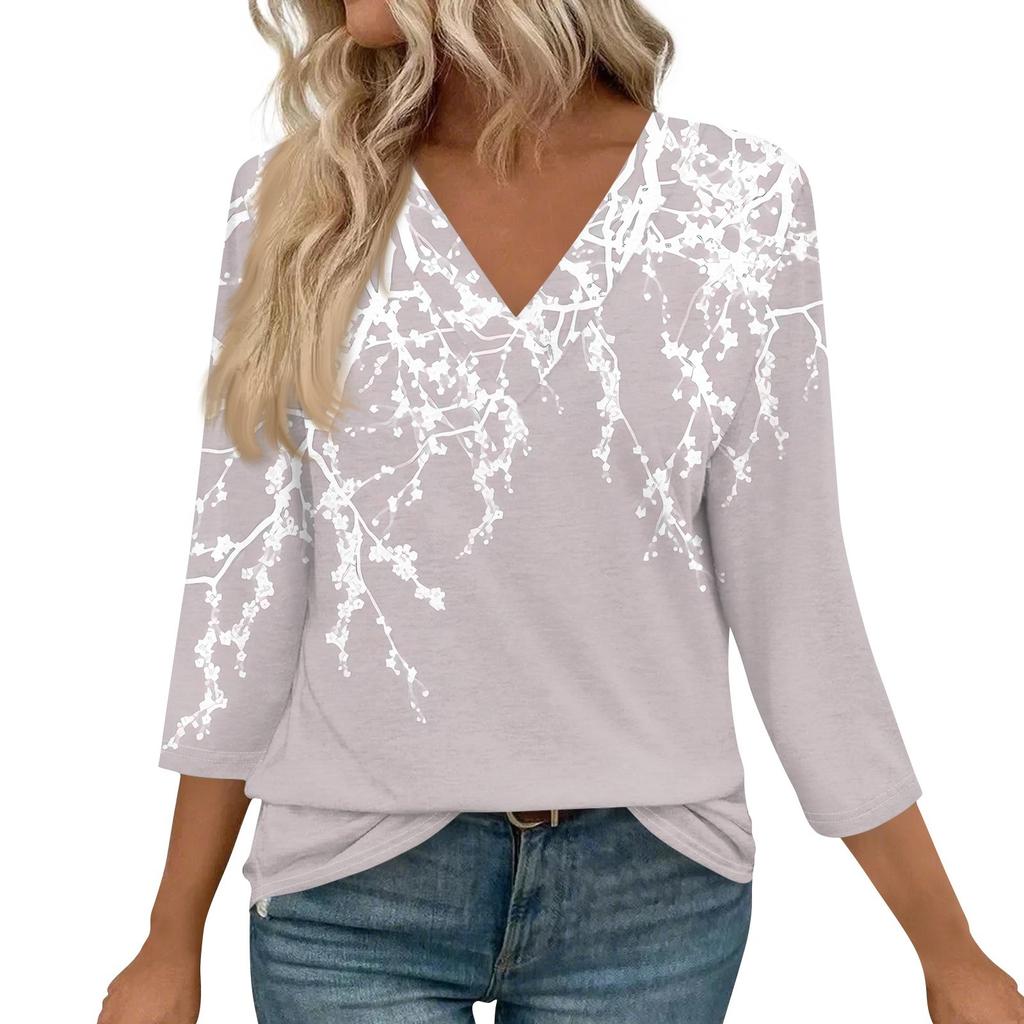 Женские рубашки с рукавом 3/4, топы с принтом и V-образным вырезом, повседневные топы, базовые футболки, блузки, свободные топы