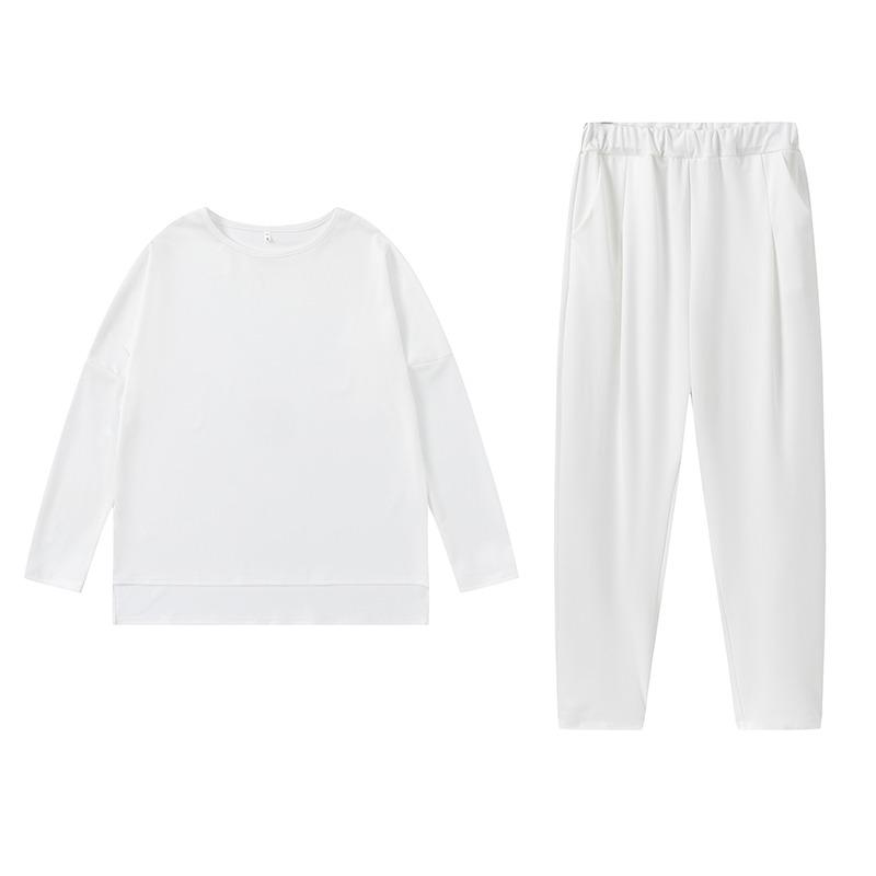 Модная повседневная рубашка с круглым вырезом и длинным рукавом, комплект из двух частей, свободные брюки, осенний однотонный костюм больших размеров с карманами, женская одежда 1846